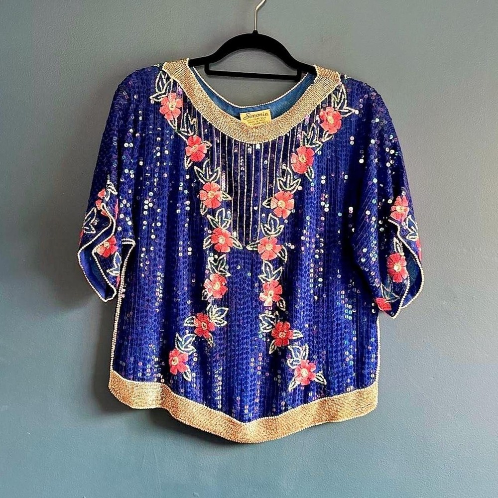 Vintage 80s Silk Beaded Blouse Women's Size Medium Simonia‎ Blue Pink Retro